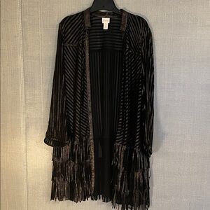 CHICOS Black Striped Fringe Cardigan